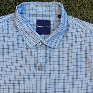 Tommy Bahama Silk Button Up Shirt Check Plaid Baby Blue Short Sleeve XL FLAWED